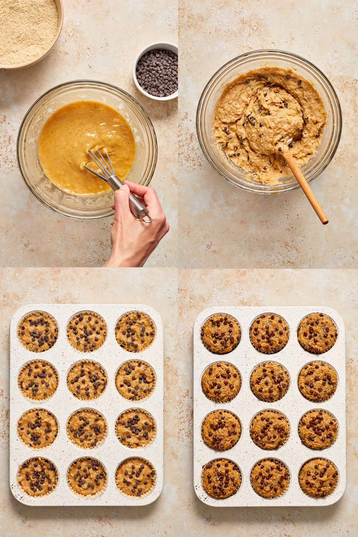 Collage of 4 images showing how the banana muffin batter is made and baked in a muffin pan.