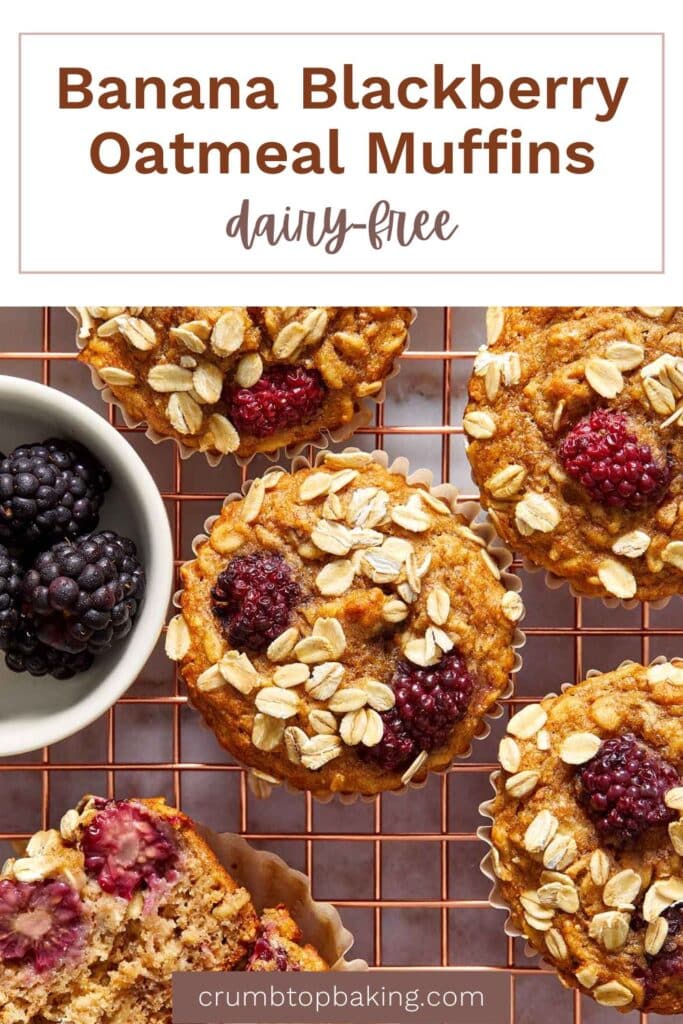 Pinterest image for banana blackberry oatmeal muffins.