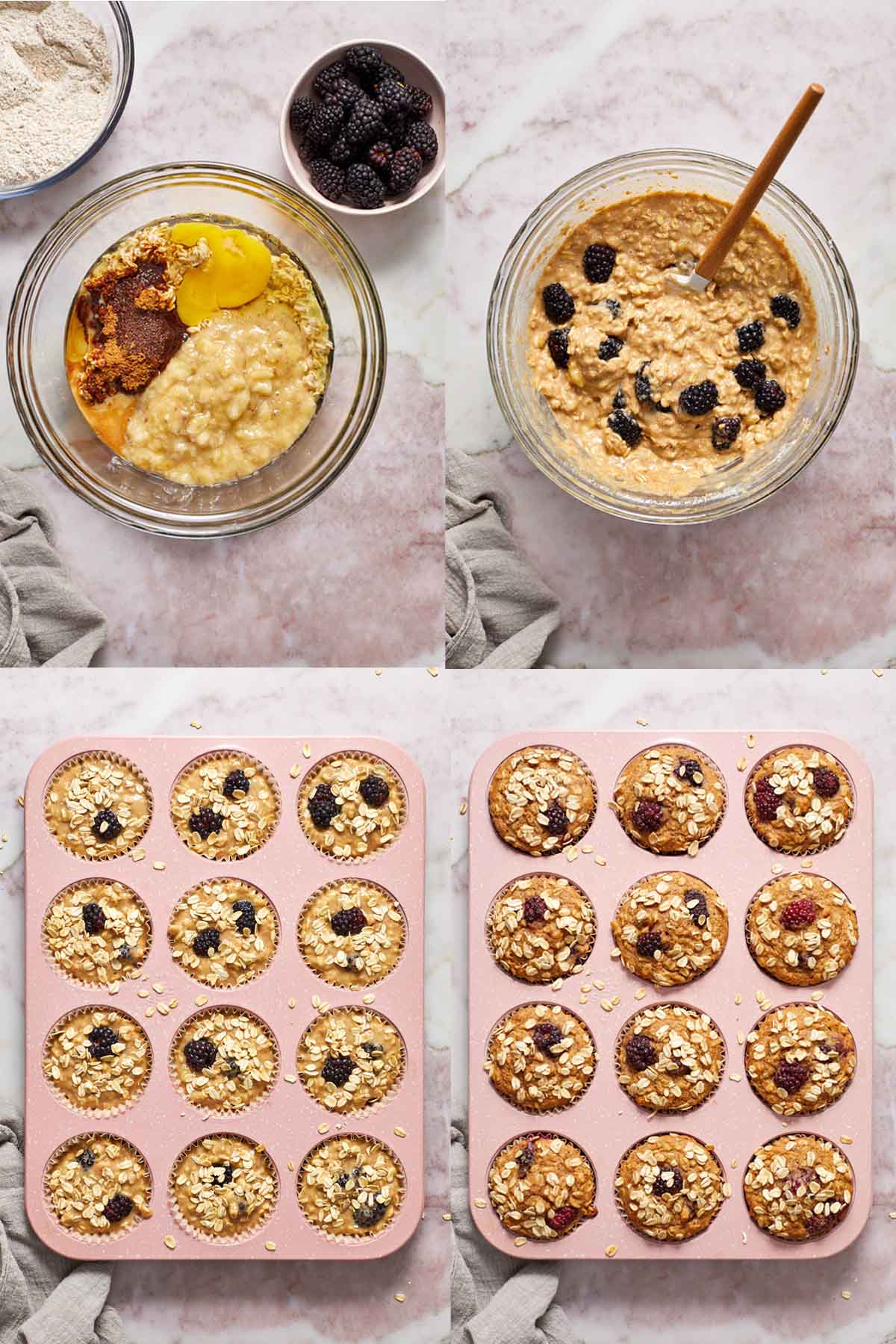 Collage of 4 images showing how the muffin batter is made and the muffins baked up in a pan.