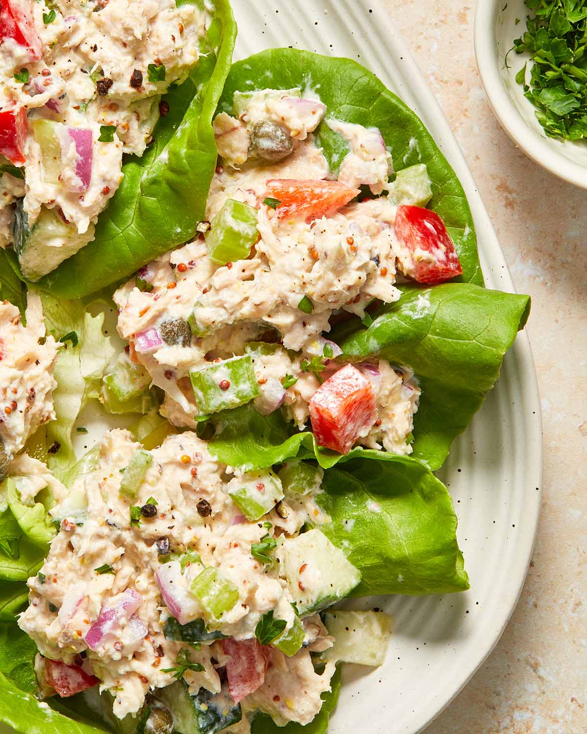 Close up view of a tuna lettuce wrap.