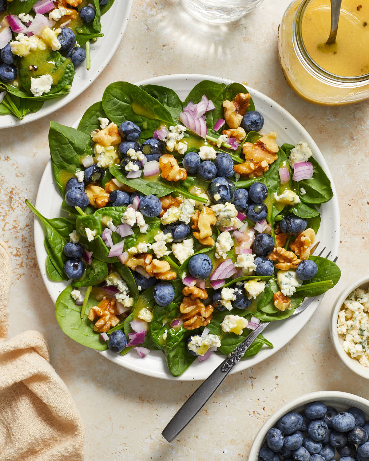 Overhead view of blueberry spinach salad on a white plate with dressing, blue cheese and blueberries off to the side.