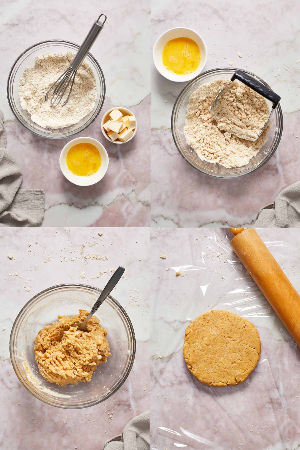 Collage of 4 images showing how the almond flour galette crust is made.