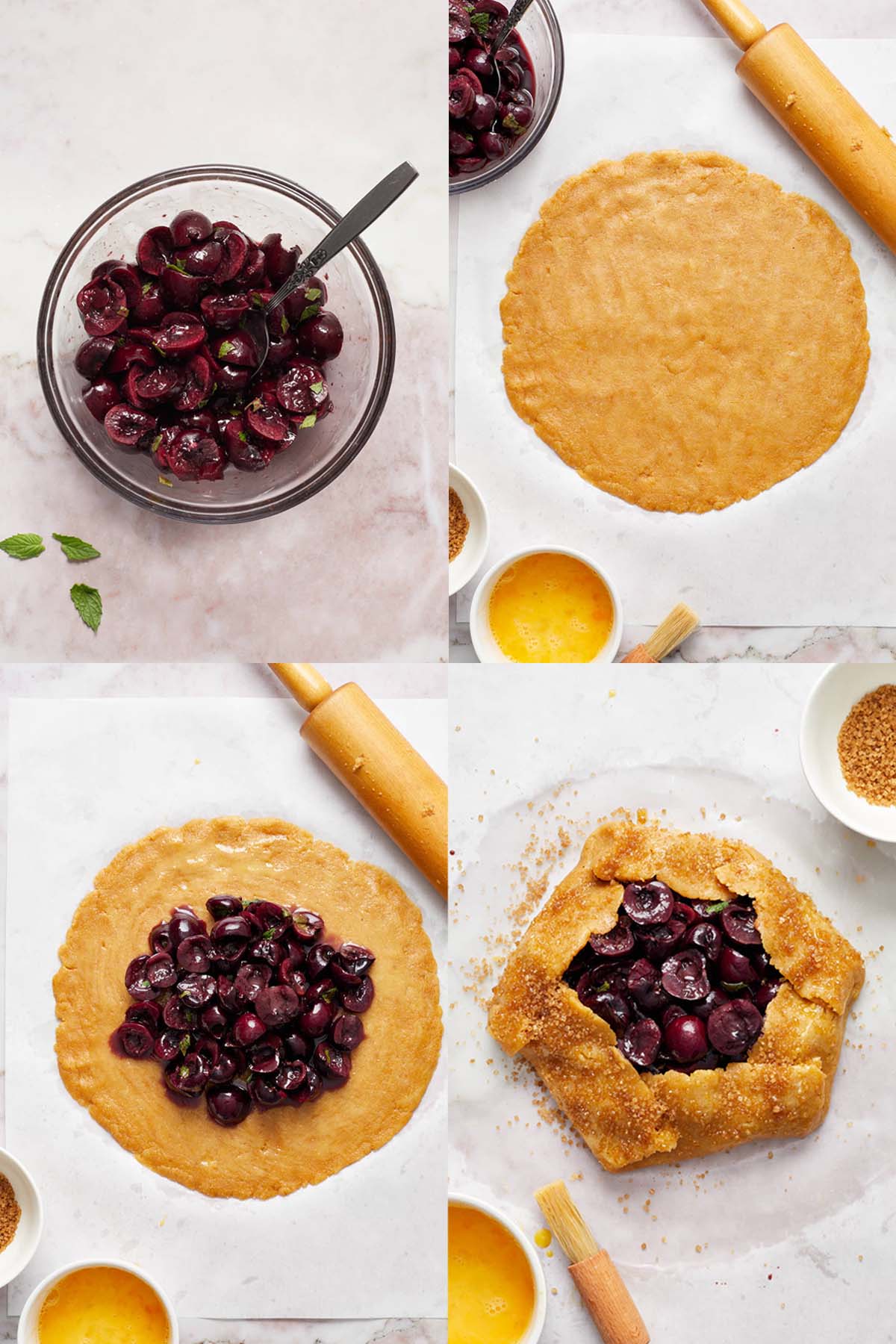 Collage of 4 images showing how the cherry galette is assembled.