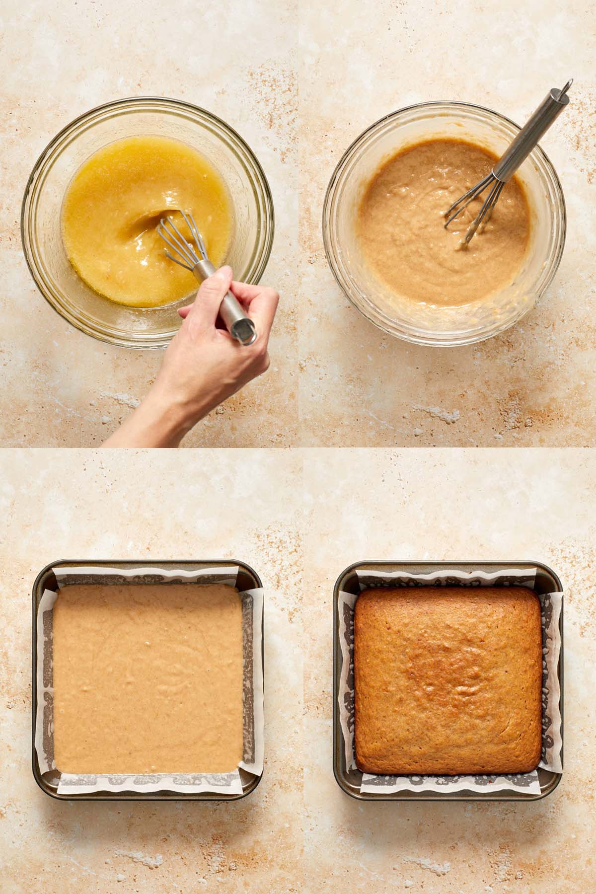 Collage of 4 images showing how the banana cake with oil is made.