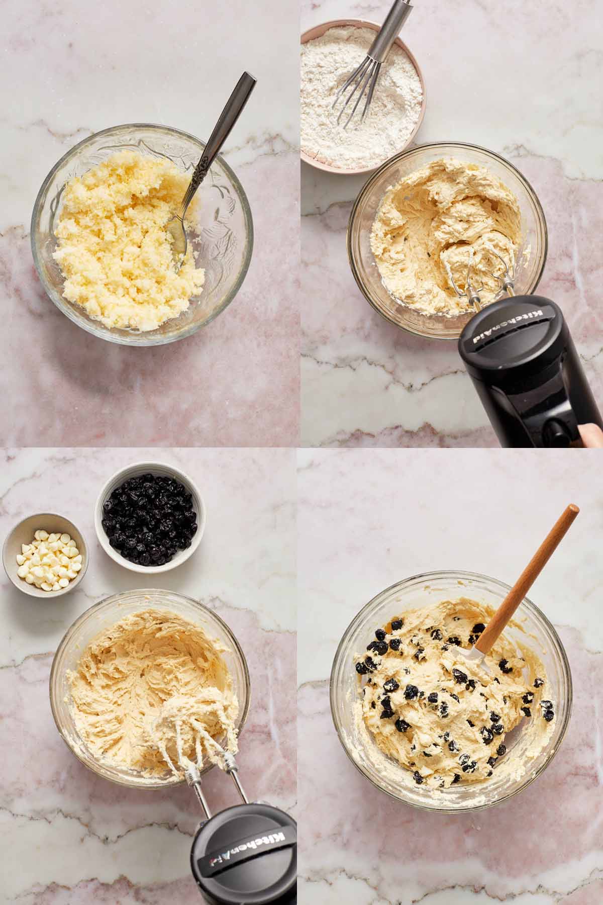 Collage of 4 images showing how the cookie dough is made.