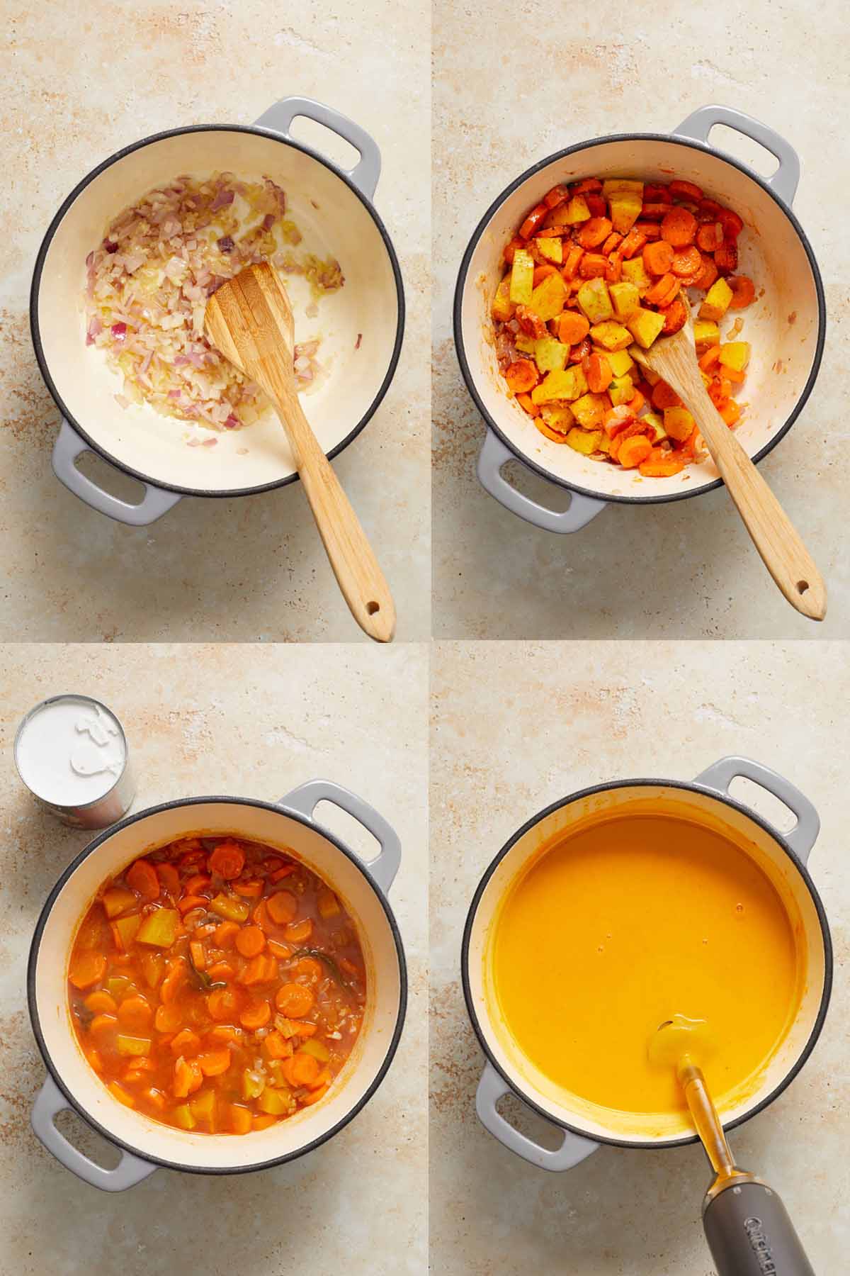 Collage of 4 images showing how the soup is made in one pot.