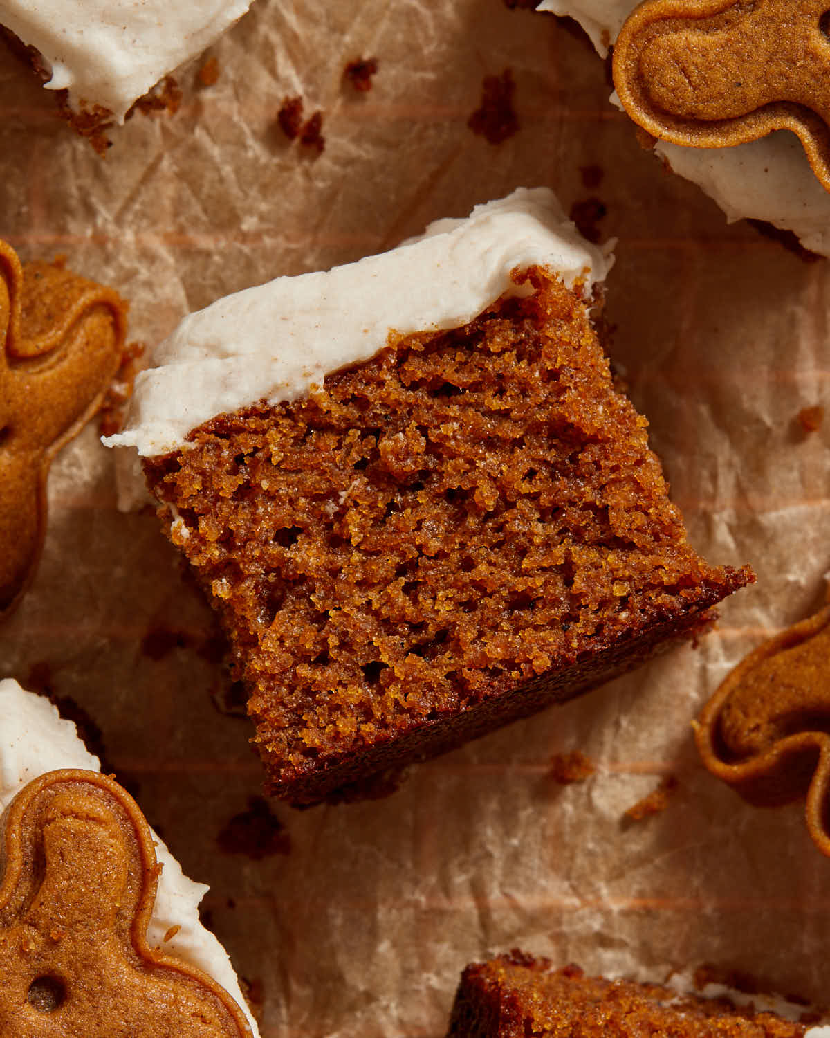 Close up of a piece of gingerbread cake turned on its side.