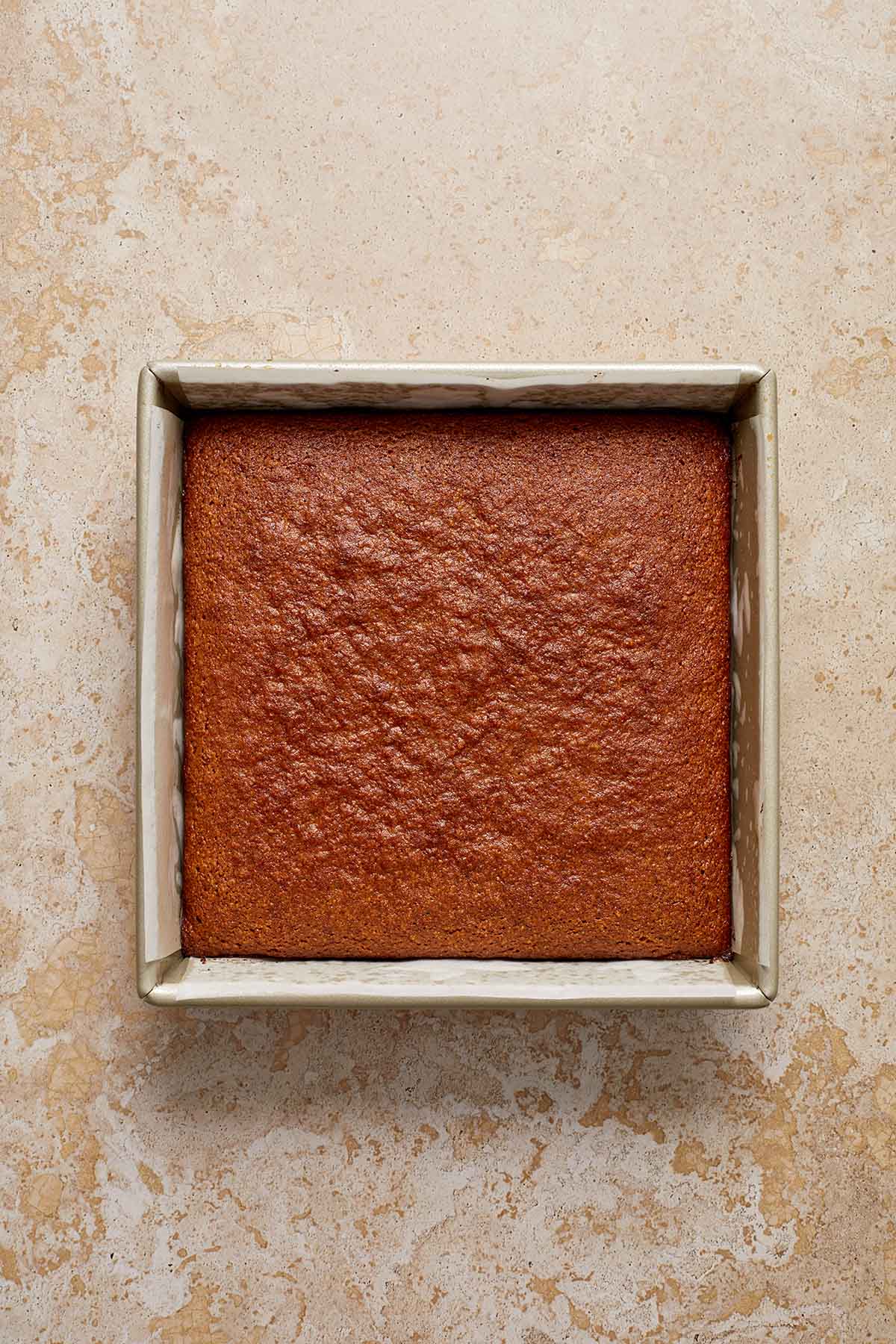 Cake baked in square pan.