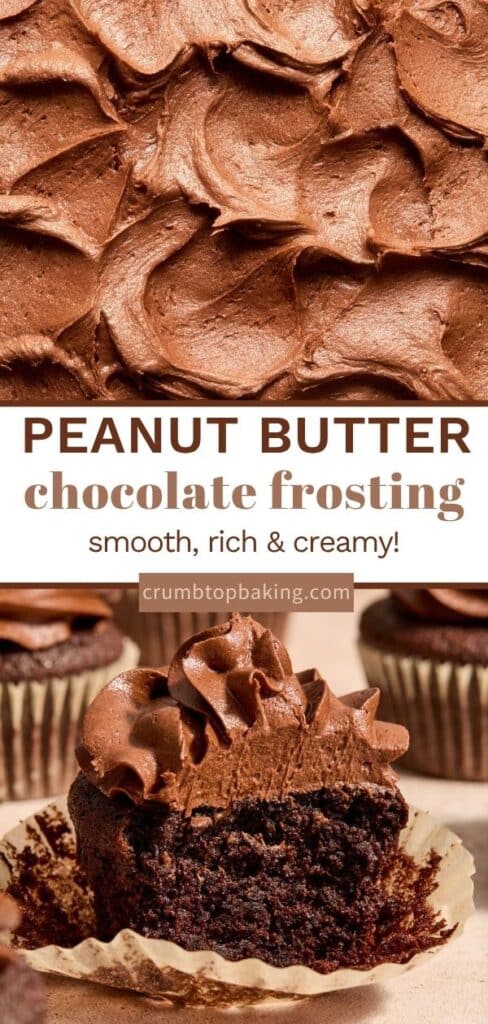 Pinterest image for chocolate peanut butter frosting - collage of 2 images.