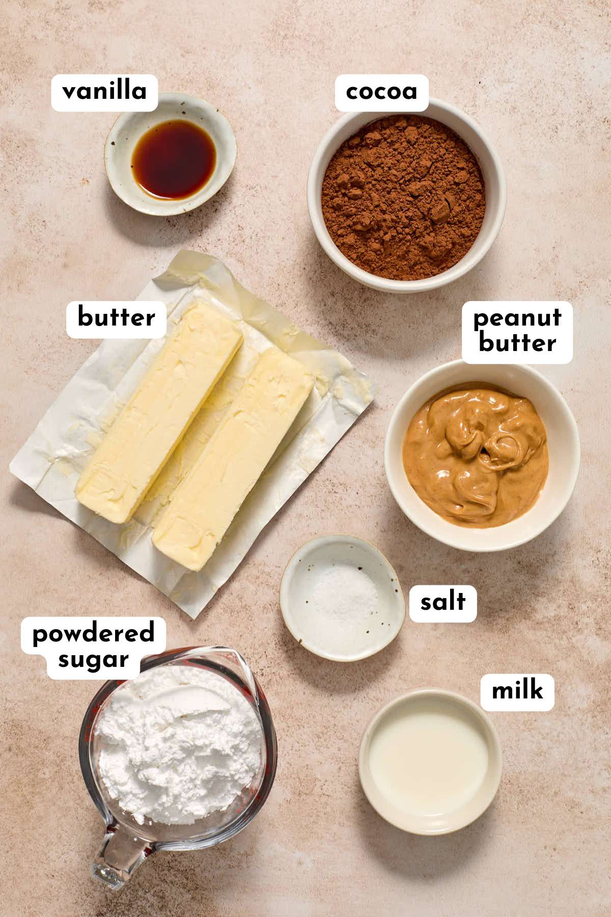 Ingredients to make chocolate peanut butter frosting arranged individually and labeled.