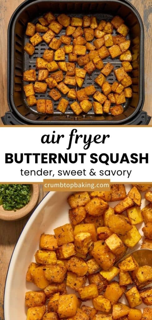 Pinterest collage with two images of air fryer butternut squash cubes.