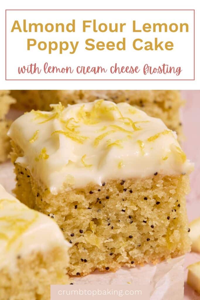 Pinterest image for almond flour lemon poppy seed cake.