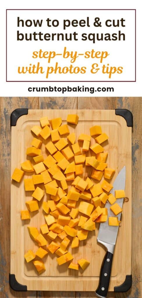 Pinterest image for peeling and cutting butternut squash - long pin.
