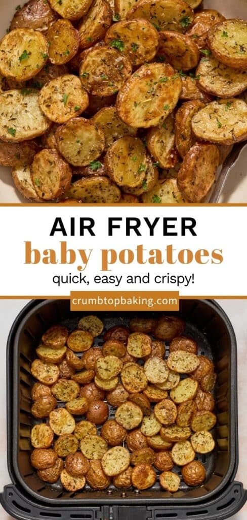 Pinterest image for air fryer baby potatoes - long pin with 2 images.