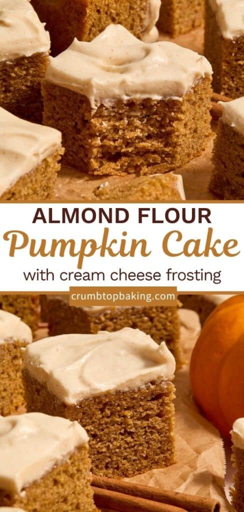 Pinterest image for almond flour pumpkin cake - long pin with 2 images.