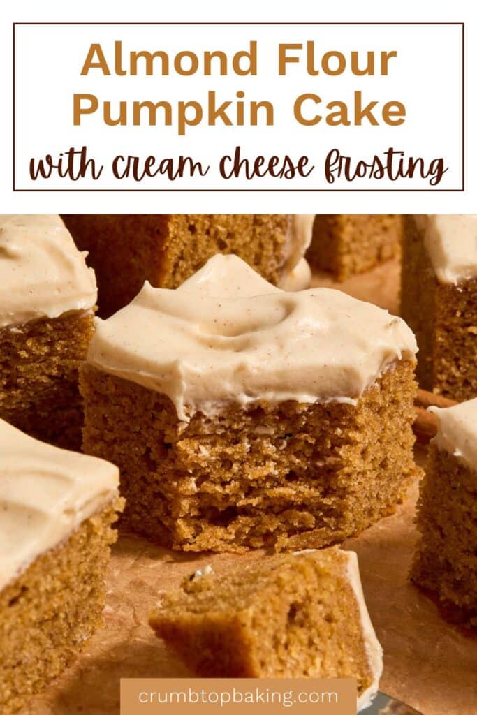 Pinterest image for almond flour pumpkin cake with cinnamon cream cheese frosting.