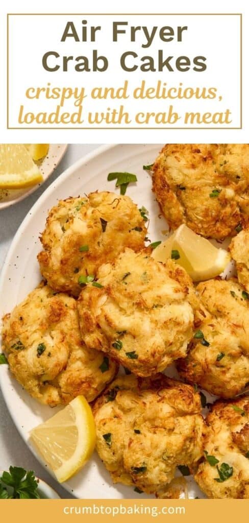 Pinterest image of air fryer crab cakes on a white plate.