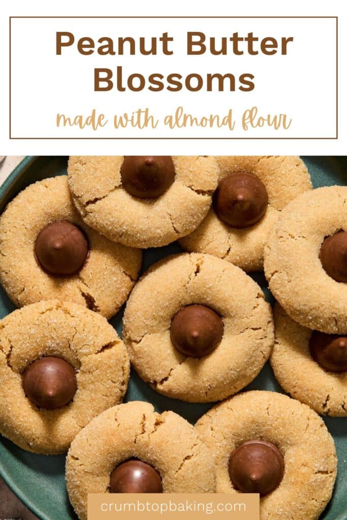 Pinterest image for peanut butter blossoms made with almond flour.