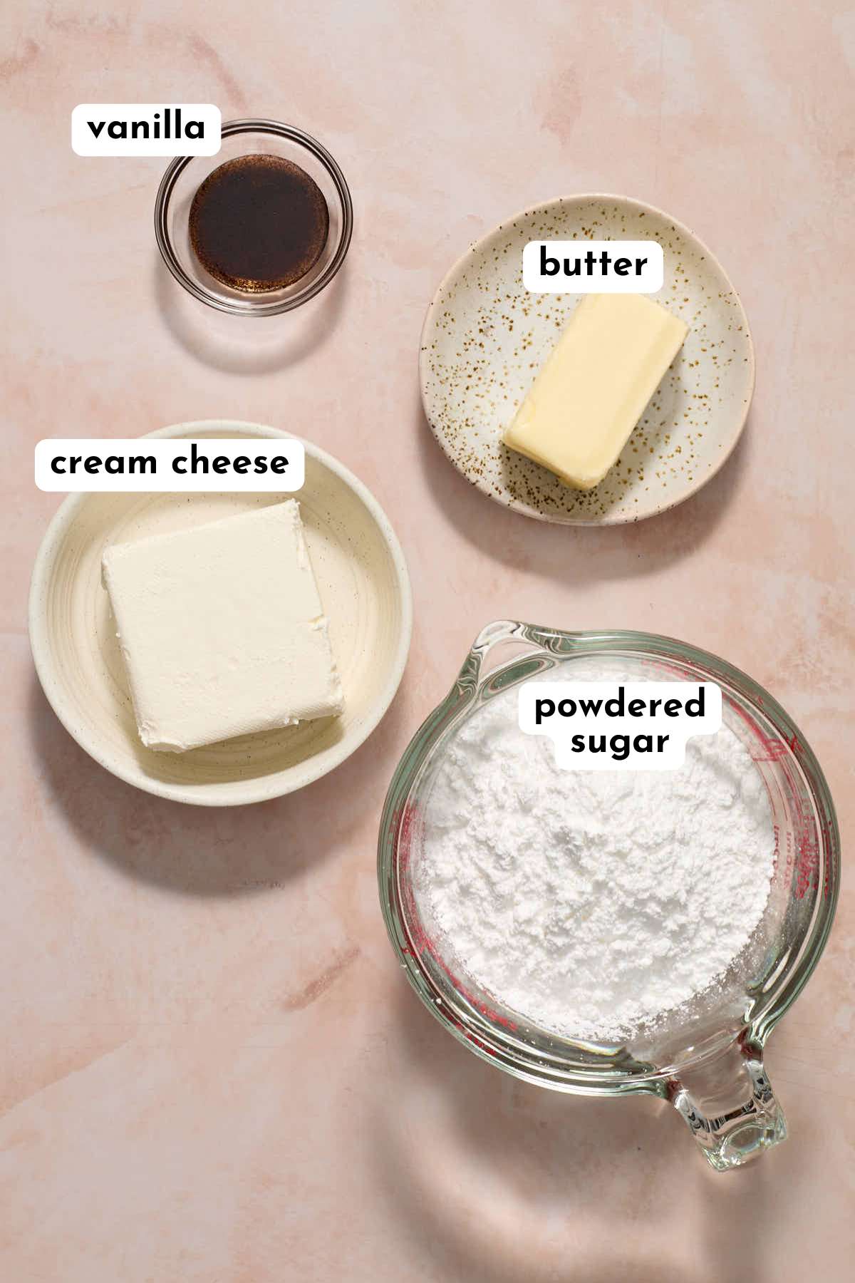 Ingredients to make cream cheese frosting for the eggless banana cake arranged individually and labeled.