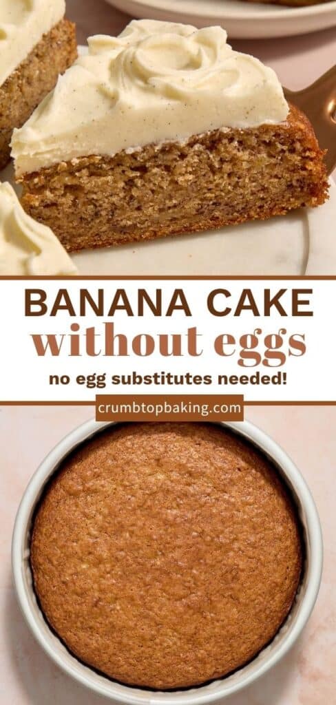 Pinterest image for eggless banana cake - collage of 2 images.