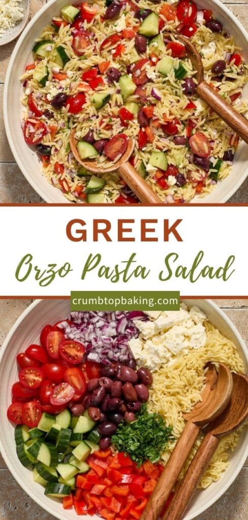 Pinterest image for Greek orzo pasta salad - collage of 2 images.