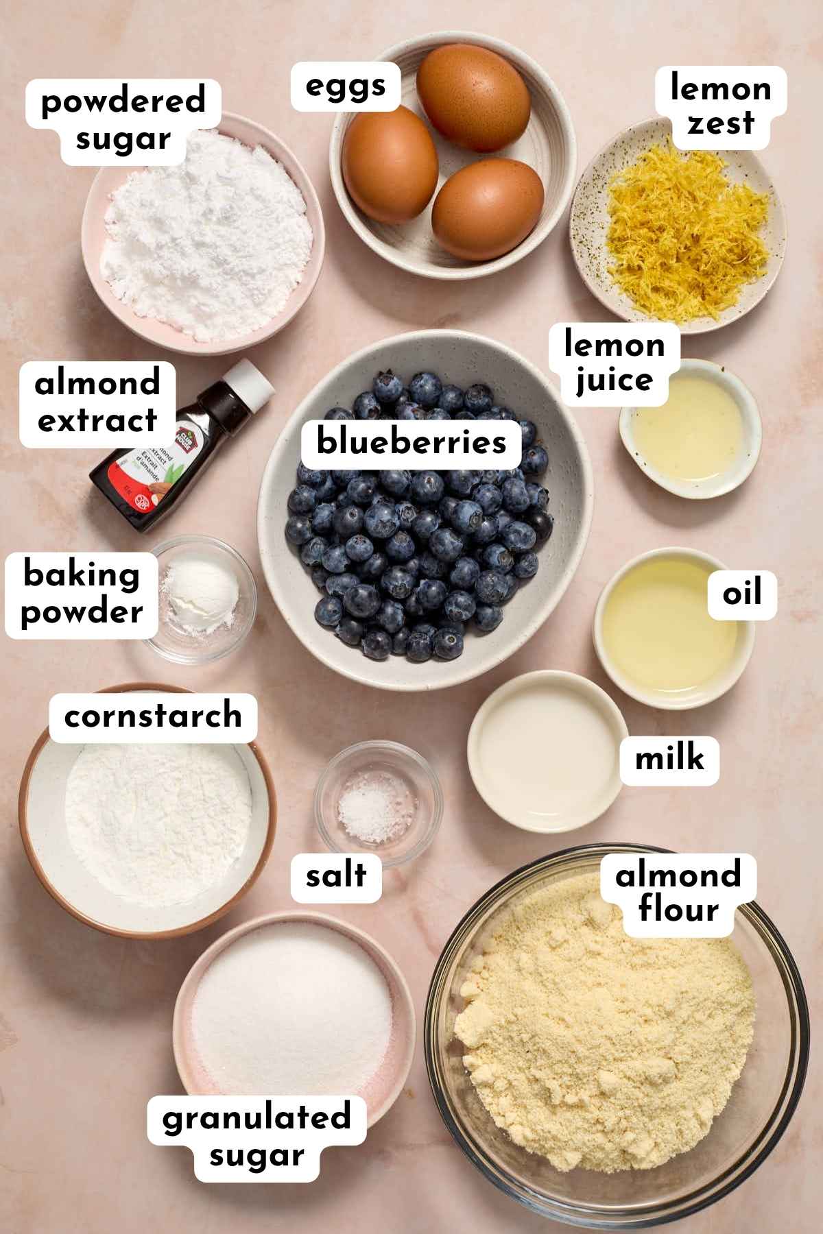 Ingredients for almond flour lemon blueberry bread arranged separately and labeled.
