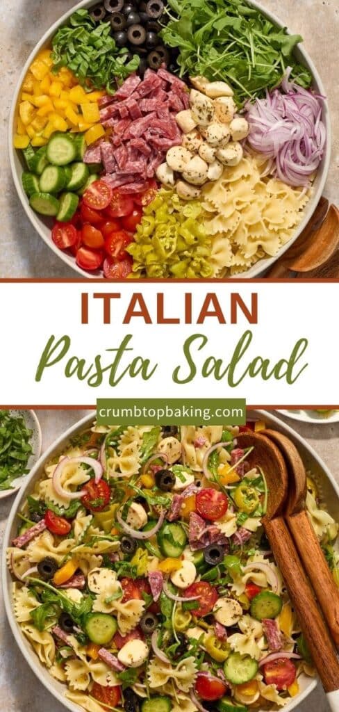 Pinterest image for Italian bow tie pasta salad - collage of 2 images.
