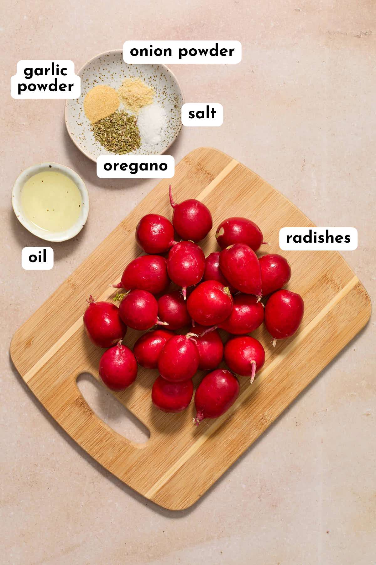 Ingredients to make air fryer radishes arranged individually and labeled.