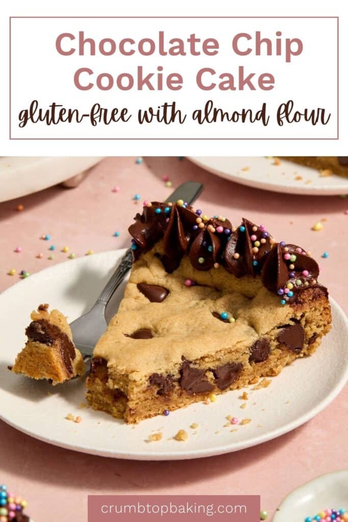 Pinterest image for almond flour chocolate chip cookie cake.