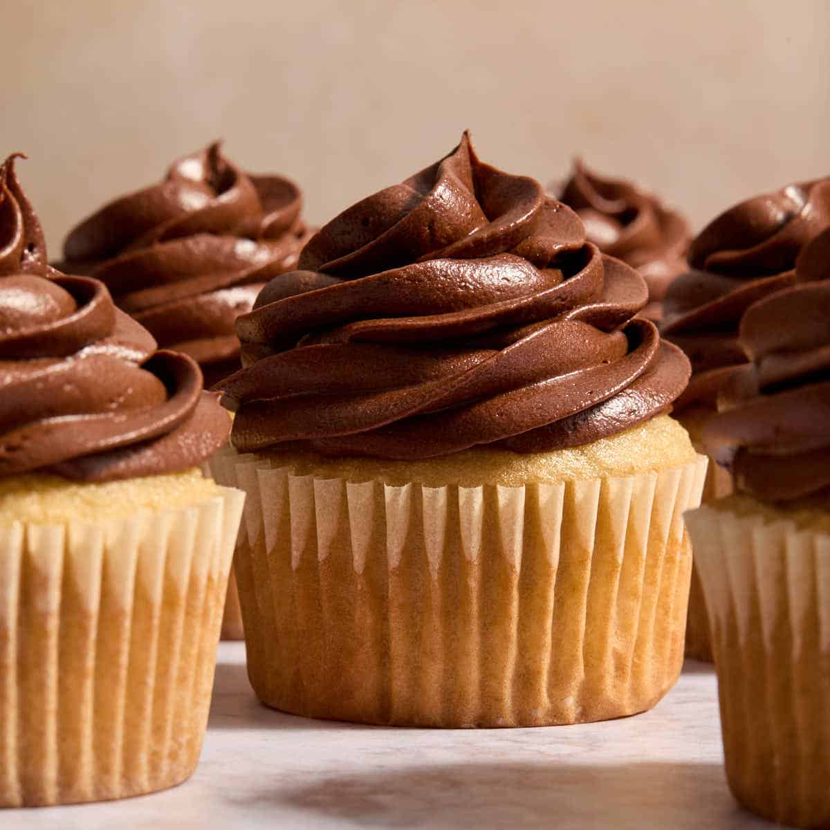 Side view of chocolate sour cream frosting piped on top of cupcakes.
