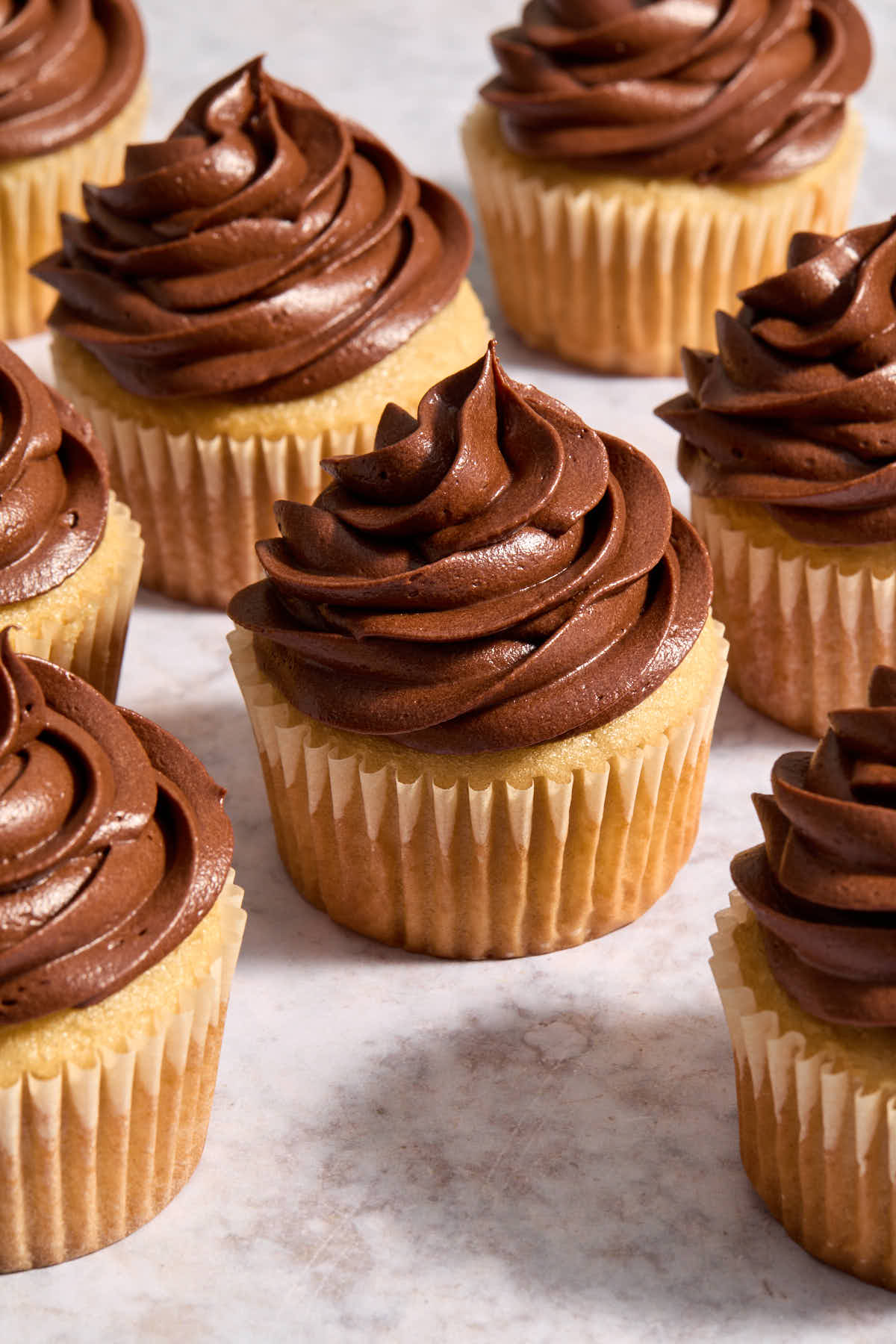 A bunch of cupcakes arranged on a surface with frosting piped on top.