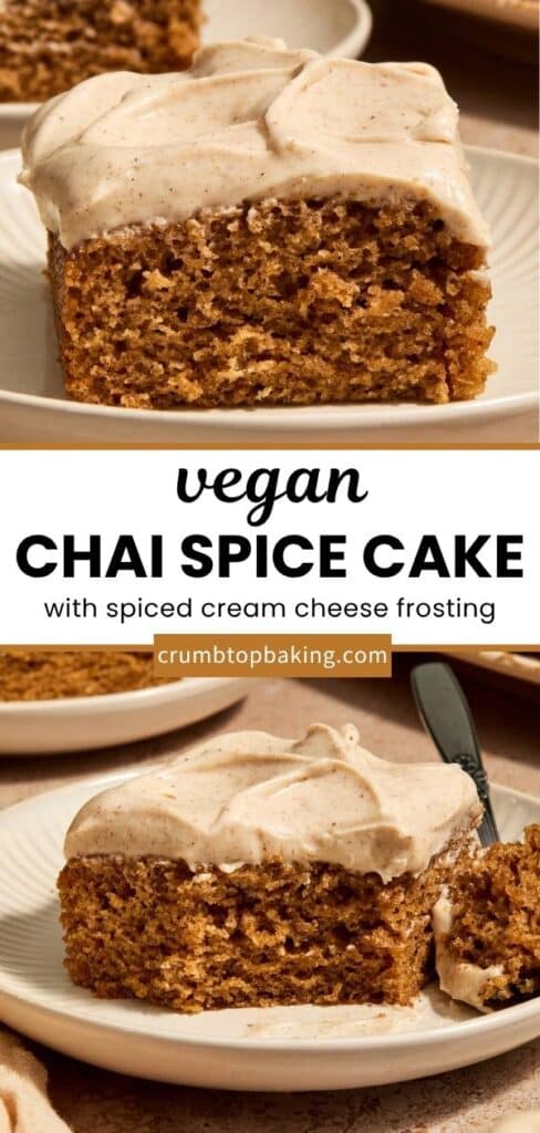 Pinterest image for vegan chai spice cake - long pin with 2 images.