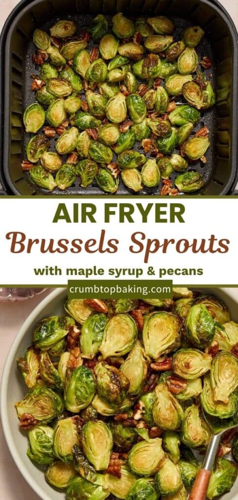 Pinterest image for air fryer Brussels sprouts - long pin with 2 images.