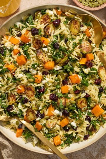 Fall orzo salad served in a large bowl with salad servers and extra vinaigrette and toppings on the side.