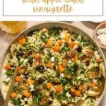 Pinterest image for fall orzo salad with apple cider vinaigrette.