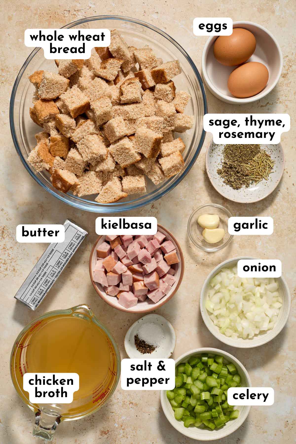 Ingredients to make whole wheat stuffing arranged separately and labeled.