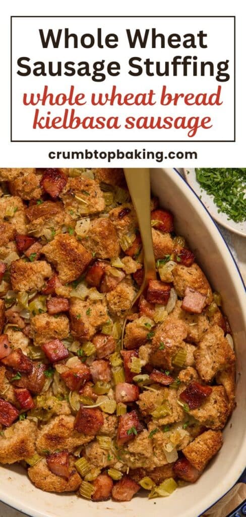 Pinterest image for whole wheat stuffing with kielbasa sausage.