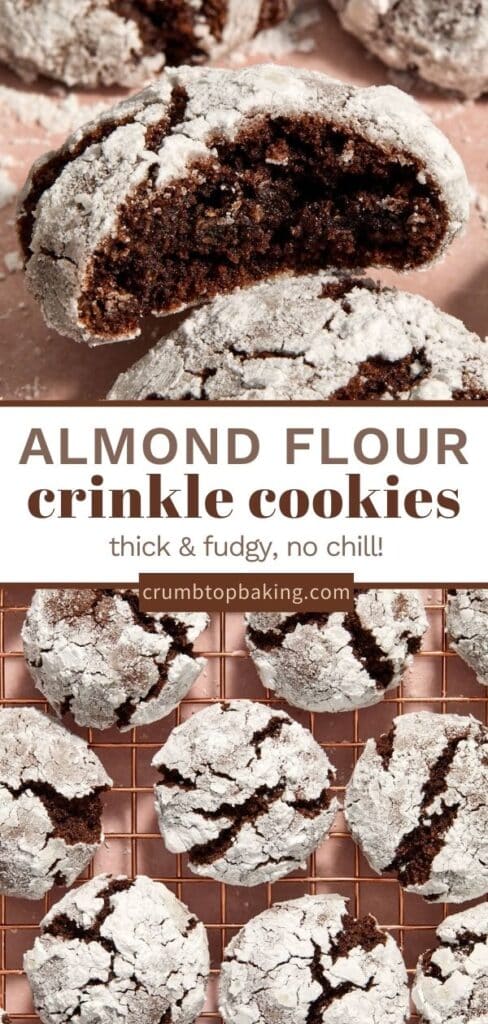 Long pin with two images showing almond flour crinkle cookies.
