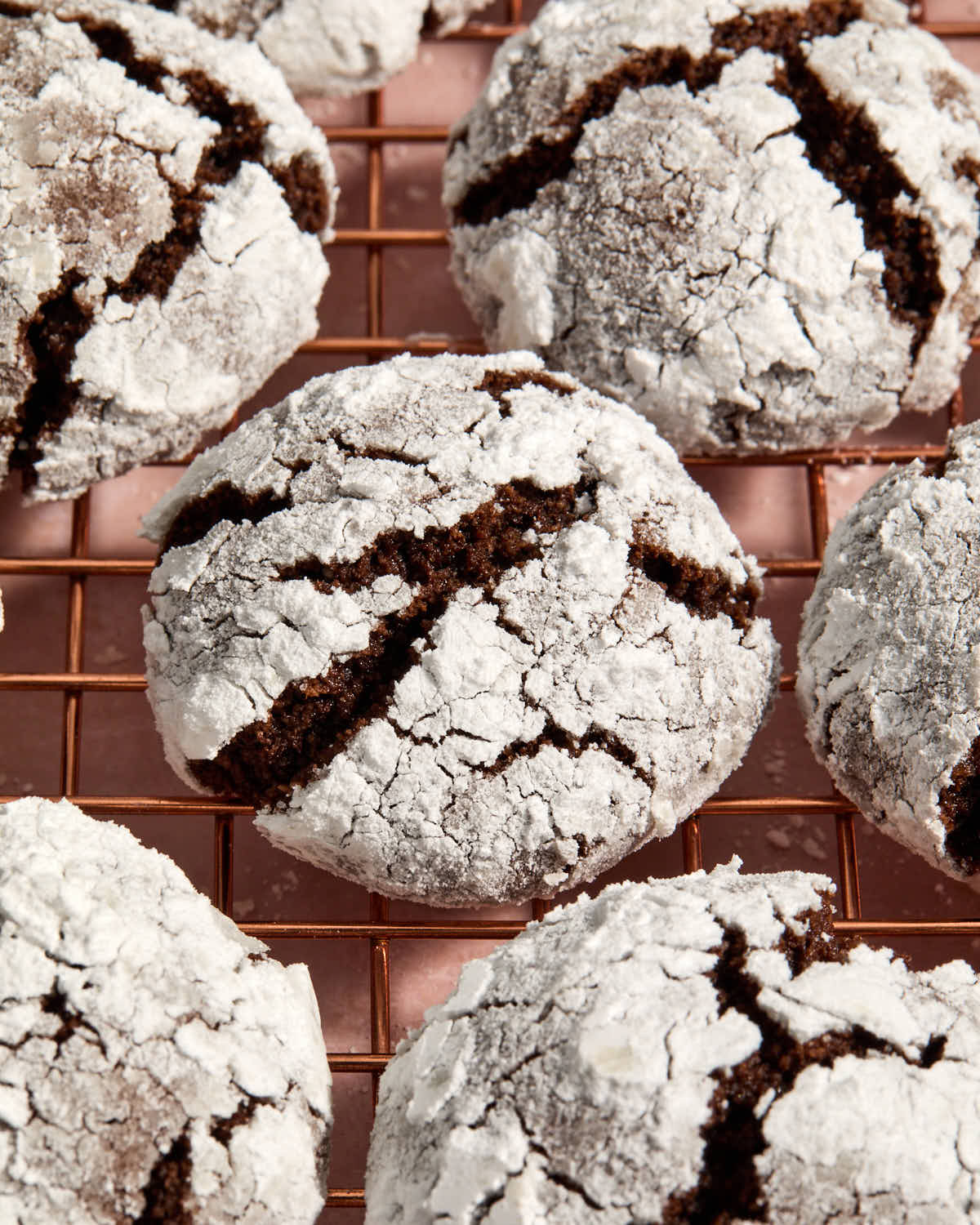 Close up view of a cookie on a wire rack.