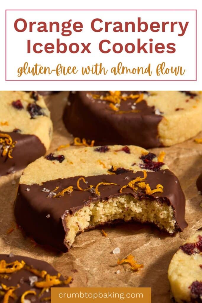 Pinterest image for orange cranberry icebox cookies with bite taken out of cookie.