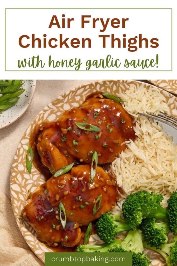 Pinterest image for air fryer chicken thighs with honey garlic sauce.