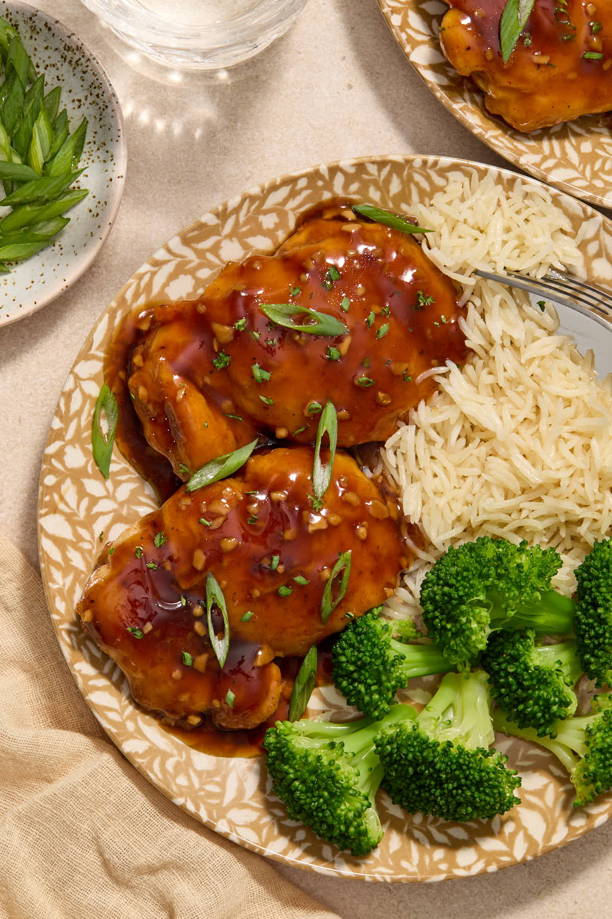 Sauce covered chicken thighs served on plates with green onion on top and served with rice and broccoli.