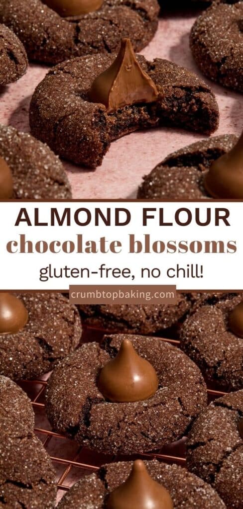 Long pin with two images representing gluten-free almond flour chocolate blossoms.