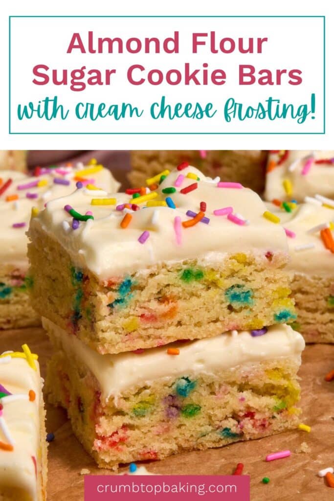Pinterest image for almond flour sugar cookie bars with cream cheese frosting.
