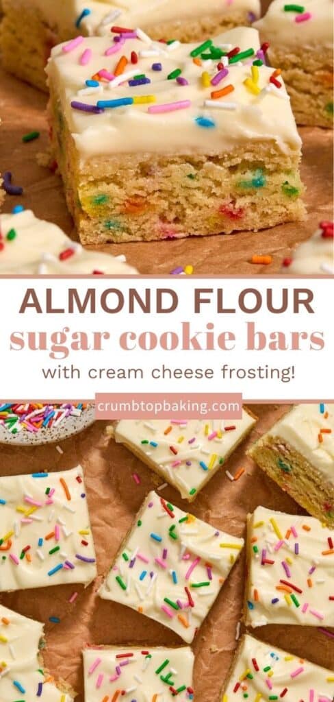 Long pin for almond flour sugar cookie bars with cream cheese frosting.