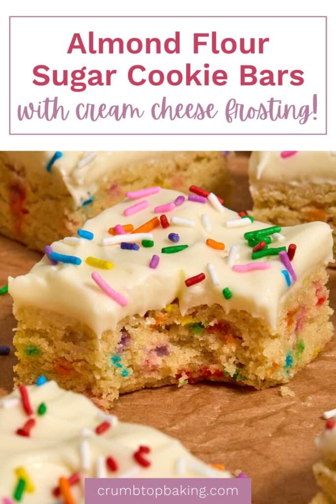 Long pin for almond flour sugar cookie bars with cream cheese frosting.