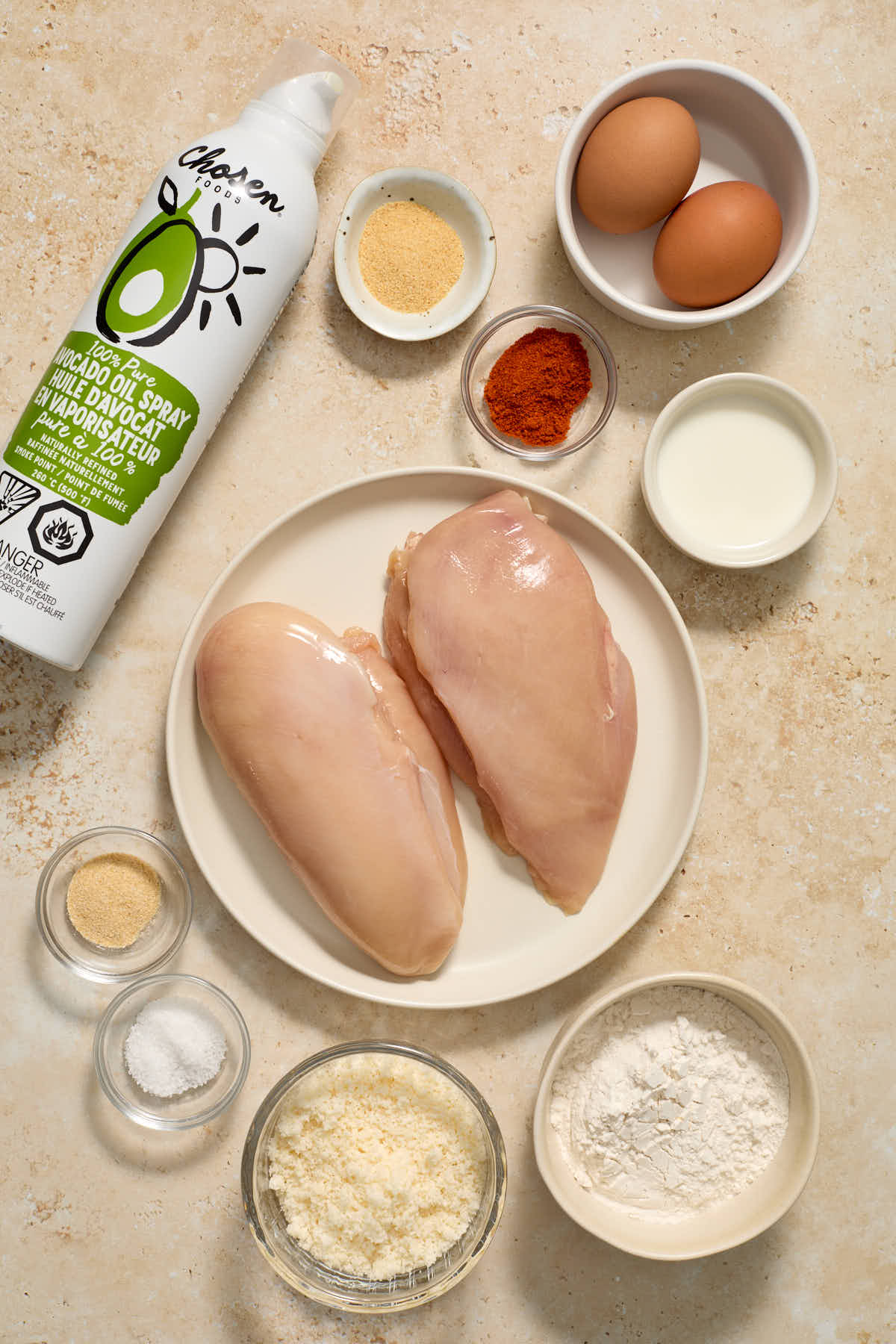 Ingredients to make boneless chicken wings arranged individually.