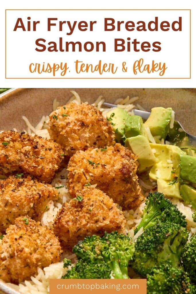 Pinterest image for air fryer breaded salmon bites - short pin with 1 image.