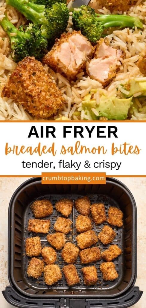 Pinterest image for air fryer breaded salmon bites -long pin showing 2 images.