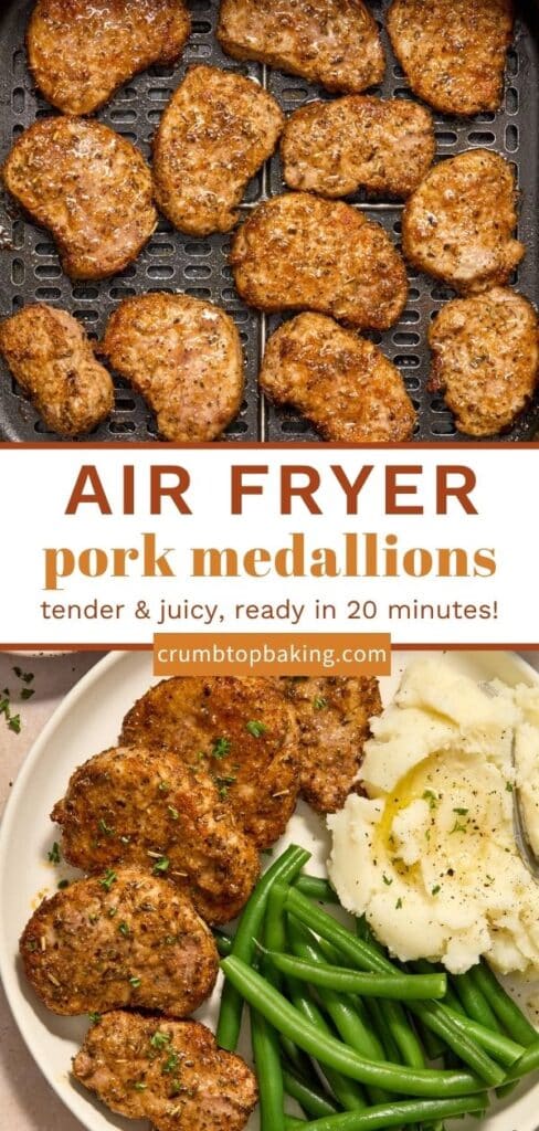 Pinterest image for air fryer pork medallions - long pin showing 2 images.